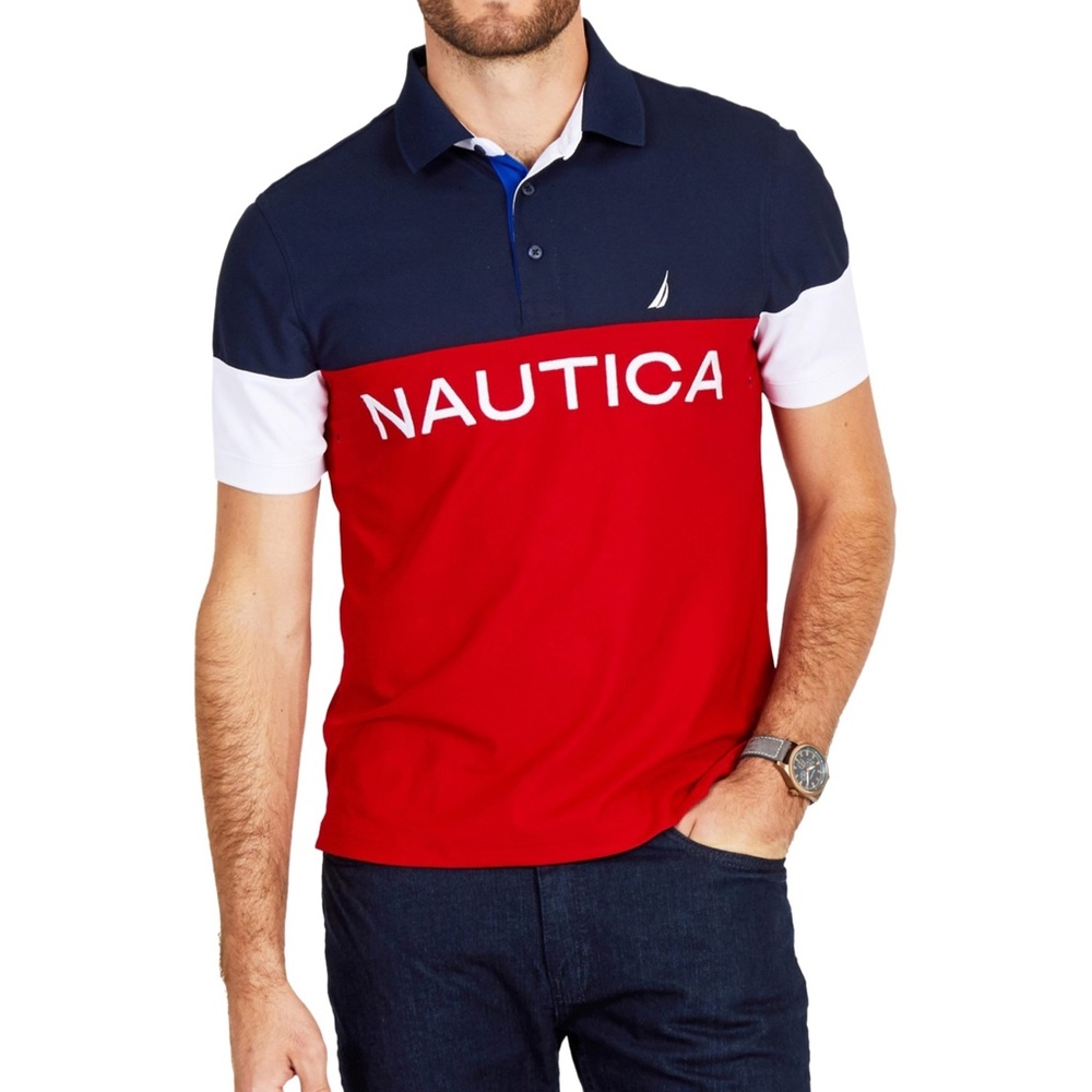 NWT Men's colorblock Navtech Nautica red blue white polo logo shirt XXL …